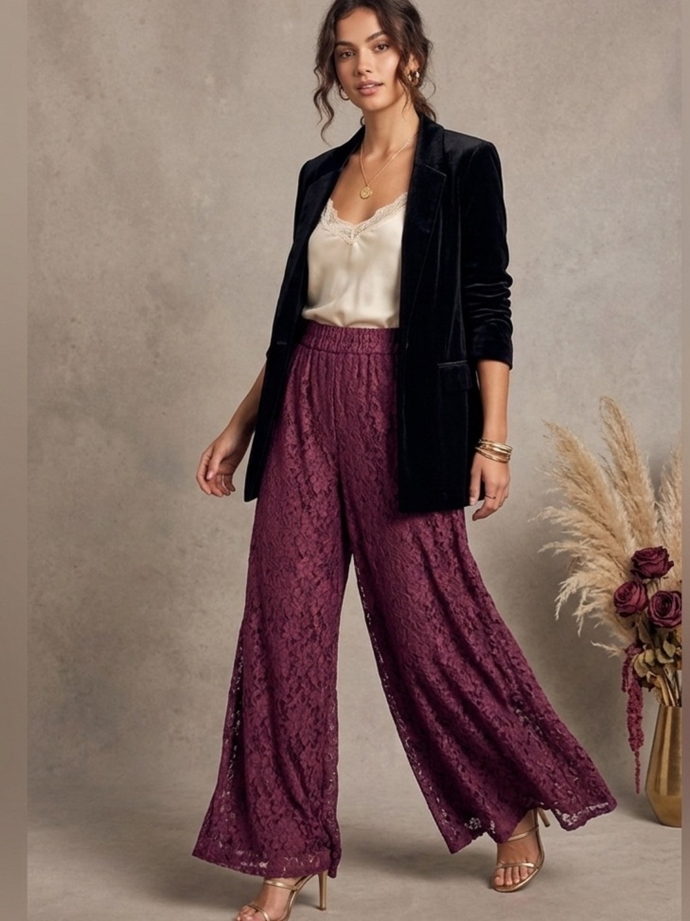 Elan Floral Lace Wide Leg Palazzo Pants NEW!